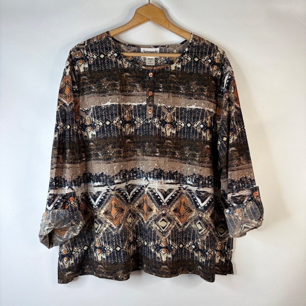 Serengeti Henley Blouse Womens 2X Brown Southwestern Cotton Roll Tab Sleeve Top
